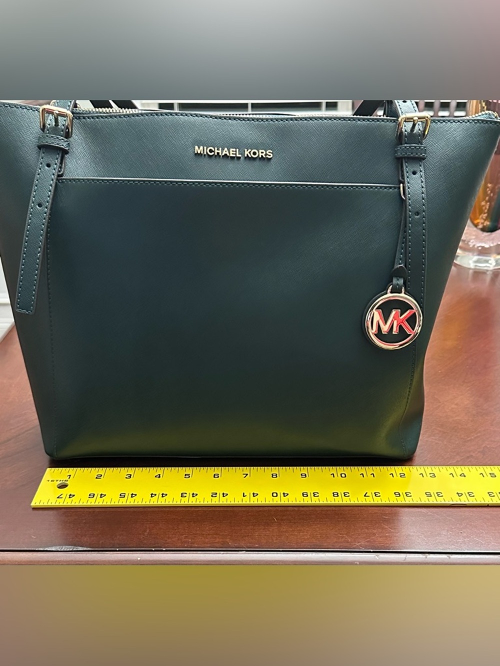 Michael Kors Green Saffiano Leather Tote Gold Hardware MK Charm - Picture 5 of 12